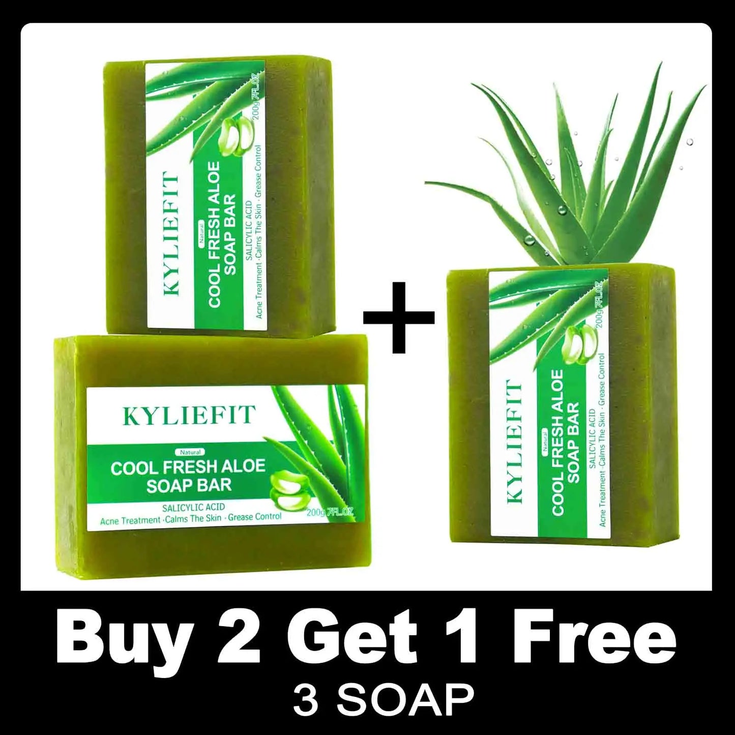 KYLIEFIT Cool Fresh Natural Aloe Vera Soap Bar for All Skin Types, Brightening, Reduce Dark Spots, Acne, Smooth Skin, 200g