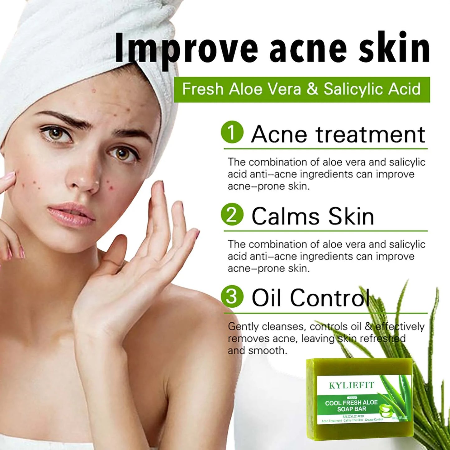 KYLIEFIT Cool Fresh Natural Aloe Vera Soap Bar for All Skin Types, Brightening, Reduce Dark Spots, Acne, Smooth Skin, 200g