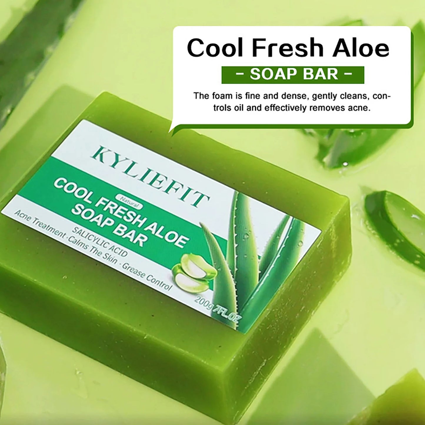 KYLIEFIT Cool Fresh Natural Aloe Vera Soap Bar for All Skin Types, Brightening, Reduce Dark Spots, Acne, Smooth Skin, 200g