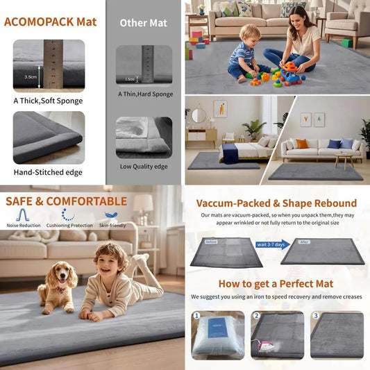 Thick 1.3 Memory Foam Play Mat, 59x71 Dark Grey, Non-Slip for Kids, Toddlers, Tummy Time, Crawling, Nursery, Yoga