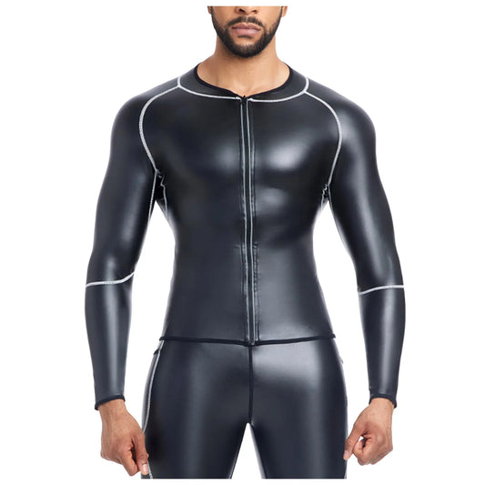 Men'S Crew Neck Long Sleeve T Shirts Pu Leather Sports Fitness Running Shirt Party Club Pullover Big Mens Shirts