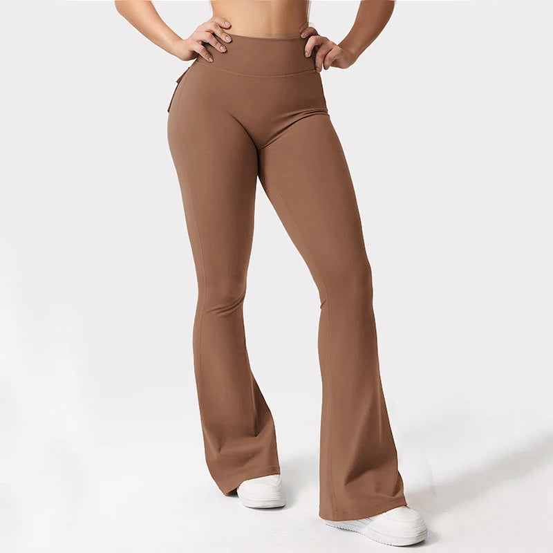 Women's Yoga Flare Trousers, High-Waisted Tummy-Control Wide-Leg Trousers Outdoor Casual Leggings with Pockets, Gym Workout Trou