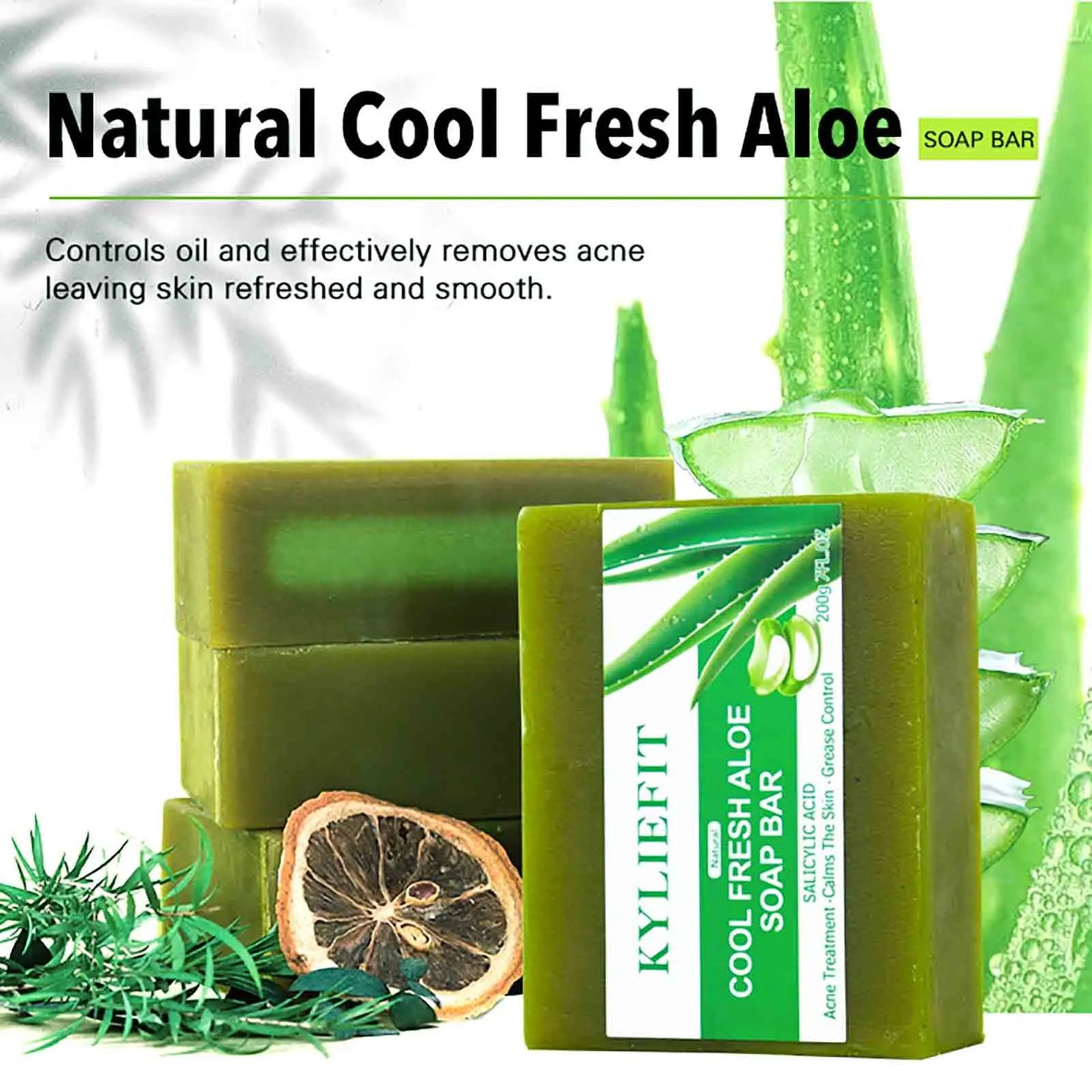 KYLIEFIT Cool Fresh Natural Aloe Vera Soap Bar for All Skin Types, Brightening, Reduce Dark Spots, Acne, Smooth Skin, 200g