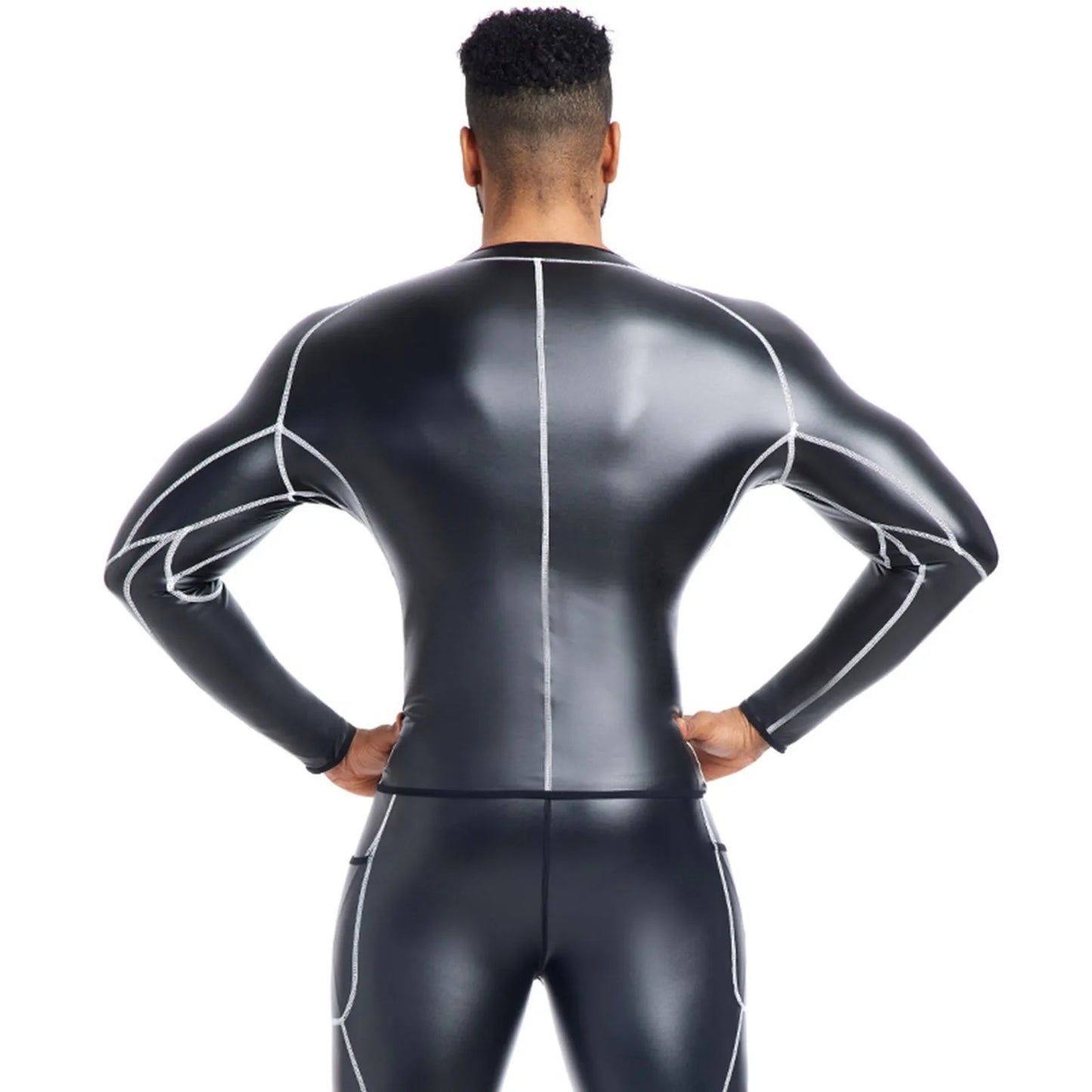 Men'S Crew Neck Long Sleeve T Shirts Pu Leather Sports Fitness Running Shirt Party Club Pullover Big Mens Shirts