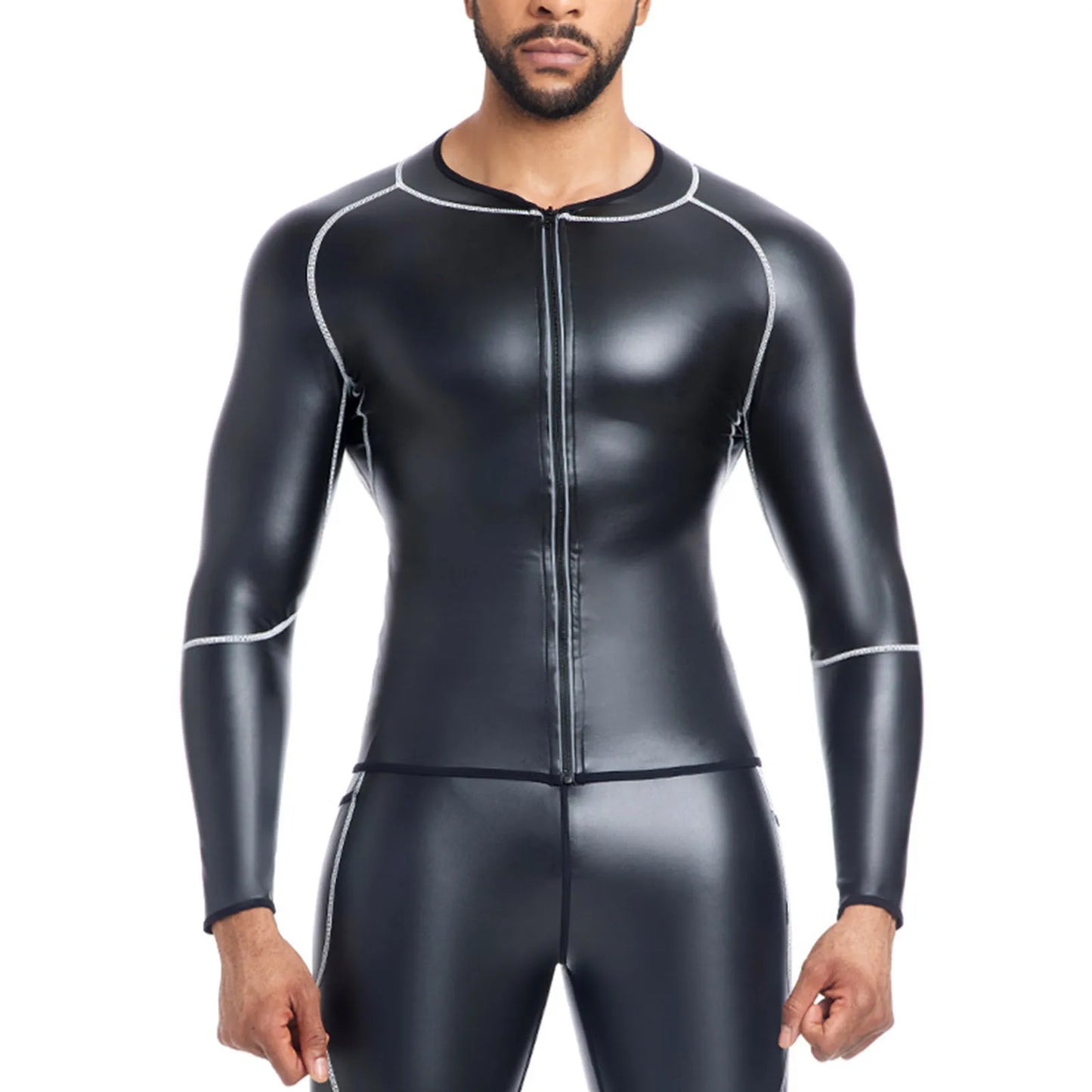 Men'S Crew Neck Long Sleeve T Shirts Pu Leather Sports Fitness Running Shirt Party Club Pullover Big Mens Shirts