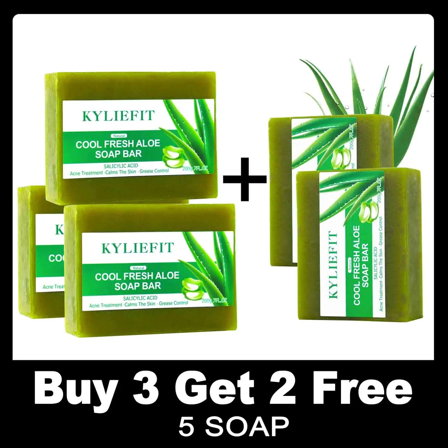 KYLIEFIT Cool Fresh Natural Aloe Vera Soap Bar for All Skin Types, Brightening, Reduce Dark Spots, Acne, Smooth Skin, 200g