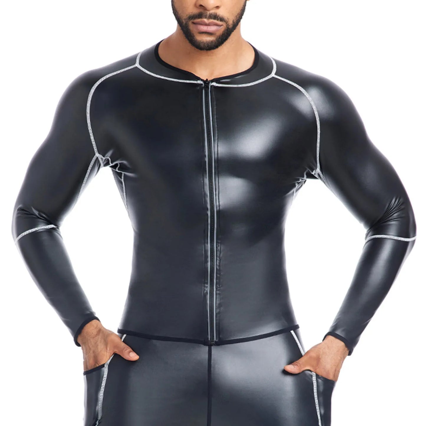 Men'S Crew Neck Long Sleeve T Shirts Pu Leather Sports Fitness Running Shirt Party Club Pullover Big Mens Shirts