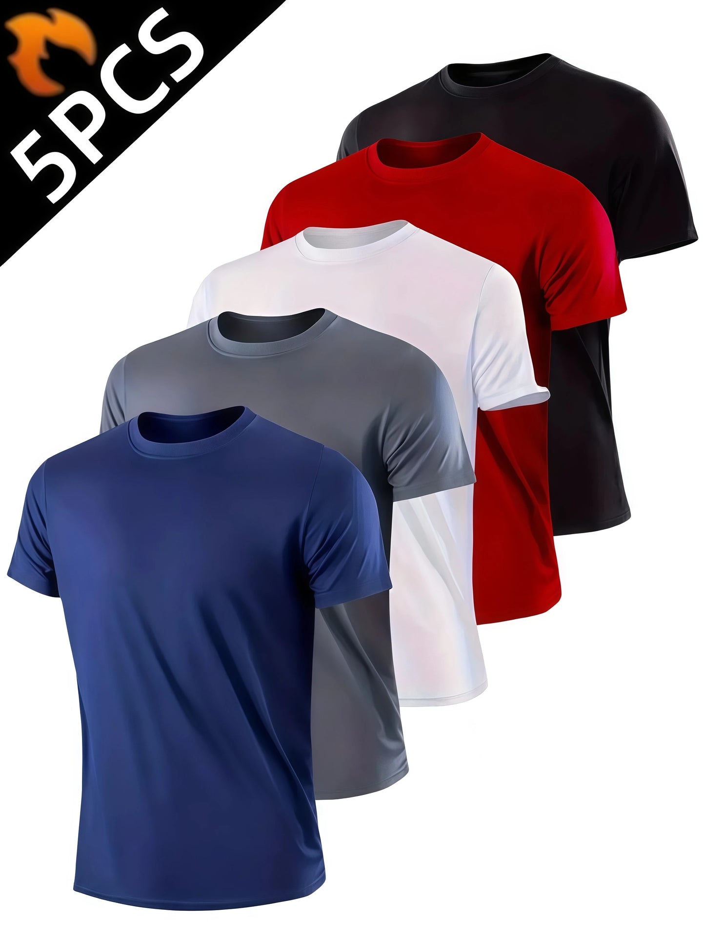 5Pcs Men's Quick Dry Short Sleeve Gym Running Moisture Wicking Round Neck T-Shirt Training Exercise Sport Shirt Tops Lightweight