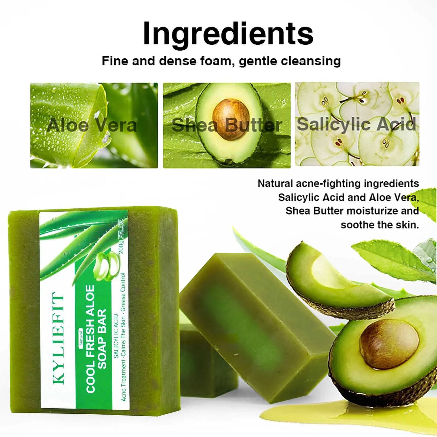 KYLIEFIT Cool Fresh Natural Aloe Vera Soap Bar for All Skin Types, Brightening, Reduce Dark Spots, Acne, Smooth Skin, 200g